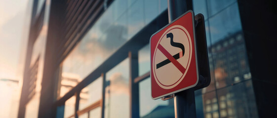 A no-smoking sign is mounted on a pole in front of a glass building, beautifully lit by the evening sun.
