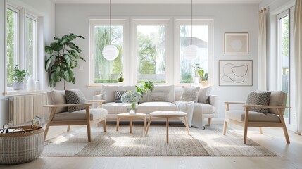 A Scandinavian-inspired living room with light wood furniture