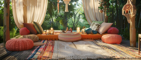 Sunlit bohemian outdoor retreat with plush cushions, woven decor, and soft draped fabric, creating a serene and inviting space for relaxation amidst nature.