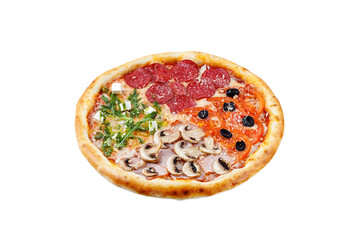 Delicious italian pizza with meat, vegetables cheese 4 seasons isolated on white background