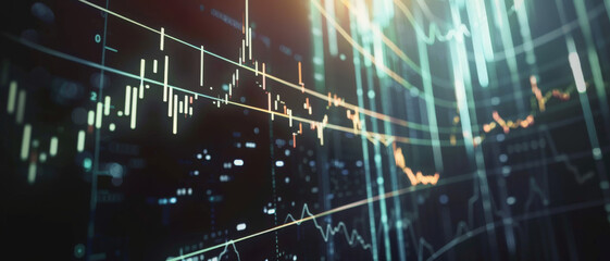 An immersive scene displaying dynamic financial charts and data streams, accented with bright, neon colors against a dark backdrop.