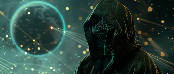 A mysterious hooded figure with a digital face stands against a backdrop of a starry sky and a distant planet, evoking a cyberpunk and futuristic atmosphere.