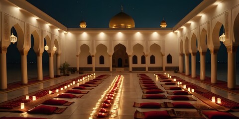 Obraz premium Moonlit mosque courtyard adorned with glowing lanterns and prayer mats, creating a serene and spiritual ambiance.