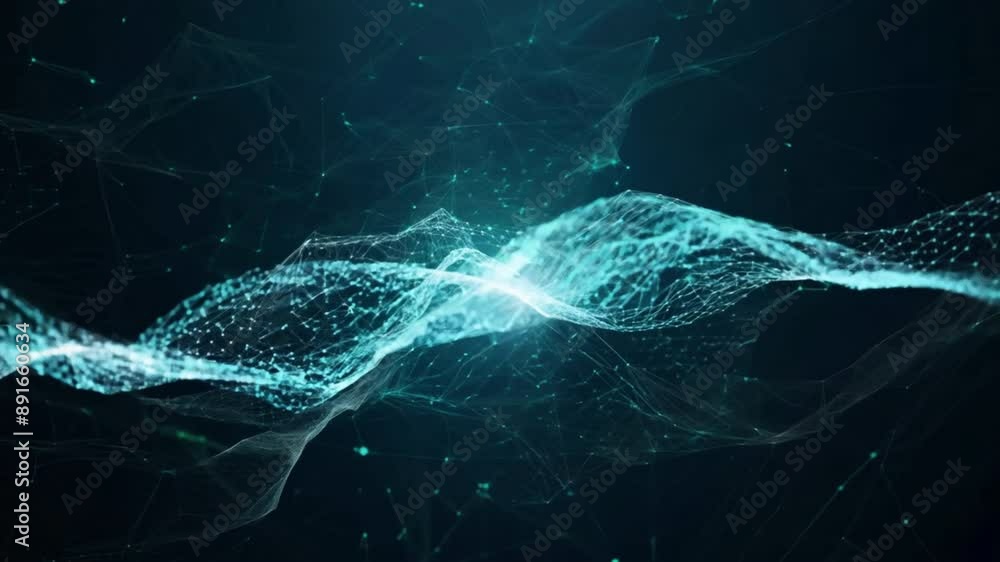 Aufkleber a blue and green wave of light with a lot of dots. the image is abstract and has a futuristic feel t