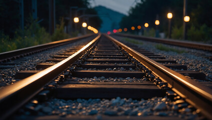 Fototapeta premium Nighttime railway tracks stretching into the distance