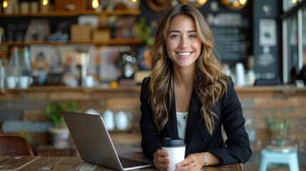 Young Businesswoman Enjoying Coffee and Working on Laptop in Cozy Cafe