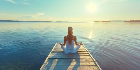 A young woman, seen from behind, practices meditation or yoga while seated on a wooden pier by a stunning mountain lake at sunrise or sunset, enveloped in the serene beauty of the moment.
