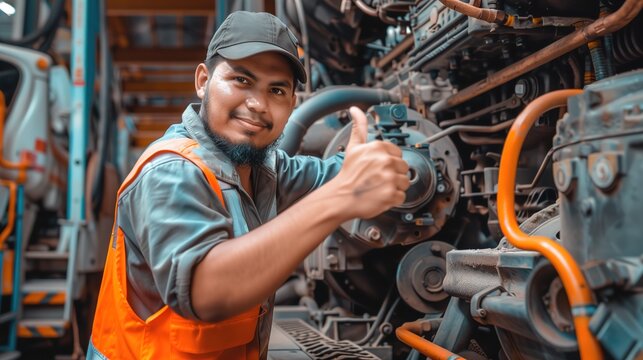 Diesel Engine Mechanic Gives Thumbs Up After Completing Work