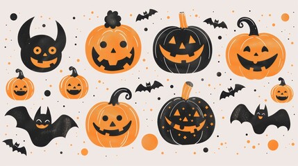 Fototapeta premium Halloween Pumpkins and Bats Illustration with Various Expressions and Designs on Light Background
