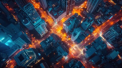 Fototapeta premium Aerial View of a Modern City at Night with Illuminated Streets and Skyscrapers Creating a Vibrant Urban Landscape