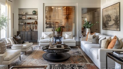 A sophisticated living room with a blend of modern and traditional furniture