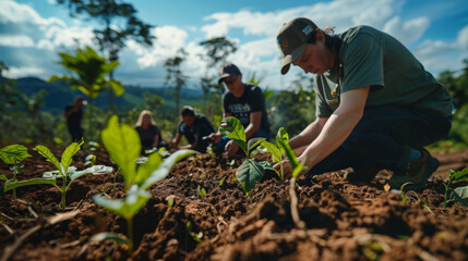 Group of volunteers actively planting trees in a field under a bright sky, contributing to environmental conservation and community service.