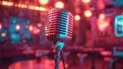 Retro Microphone in a Vibrant Neon-Lit Bar Setting, Capturing the Essence of Live Music and Nightlife Ambiance