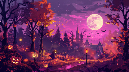 Enchanted Halloween Forest with Glowing Pumpkins and a Full Moon