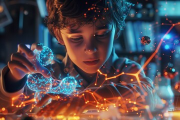 Young Boy Interacting With Holographic Technology in a Science Lab