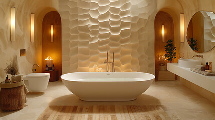 High-resolution image of a virtual reality bathroom interior in white and warm light with hyper-graphic design, showcasing sleek fixtures, illuminated geometric tiles, and a cozy, futuristic 