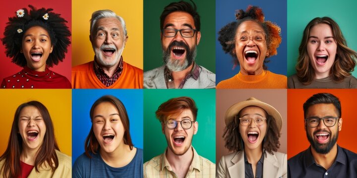 A collage of diverse portraits representing different ethnicities and ages, each person smiling against vibrant color backgrounds. The photos should be arranged in a grid pattern with the individuals