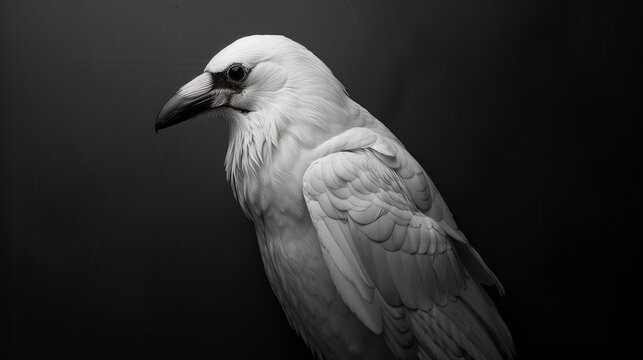 Close-up shot of a white crow on a black background, concept of misfit and uniqueness