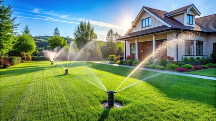 Lawn irrigation system installed in the yard of a private house, lawn, irrigation, system, water, sprinkler, technology