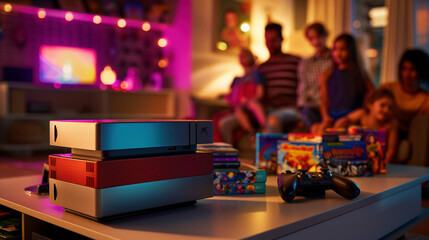 Gaming Together: Family Bonding with Console and Stack of Games