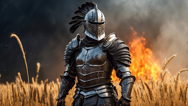 Medieval knight in armor, battle-hardened, stands in a burning field ready for battle.