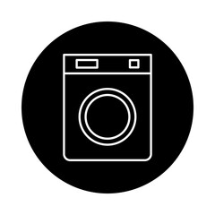 Washing machine vector icon, washing machine flat design white lines on black background.