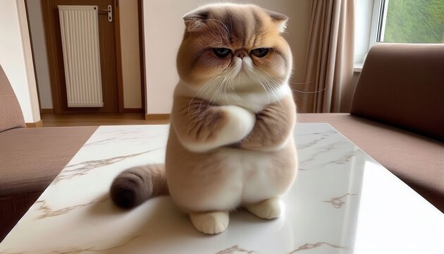  An Exotic Shorthair cat stands with folded paws, sporting a grumpy expression on a marble table..Concept: Funny pet, grumpy cat, feline attitude