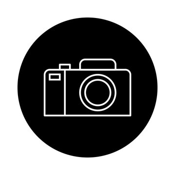 recommend clip art: Camera vector icon, white line flat design camera on black background.