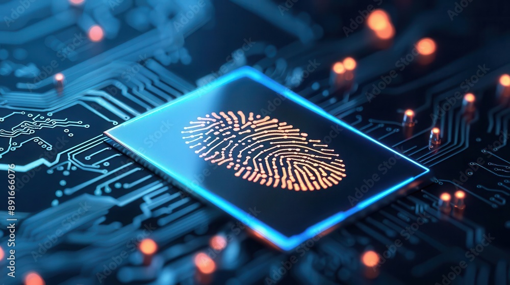 Poster abstract cyber fingerprint with digital circuits, identity verification