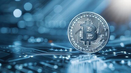 Abstract cyber cryptocurrency coin with digital circuits, financial technology