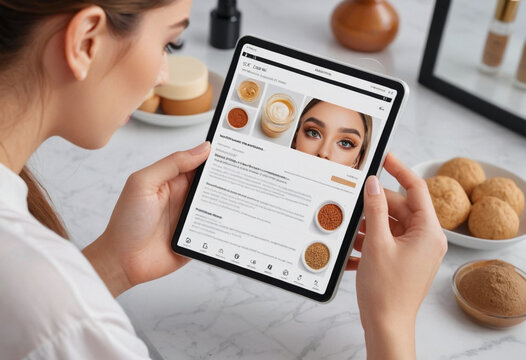  Influencer reads the ingredients list on a beauty product. 