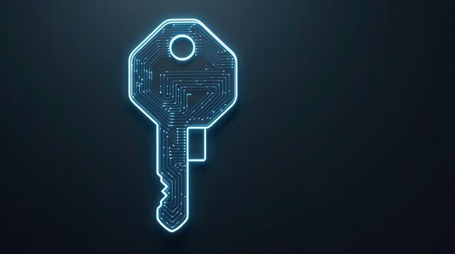 Glowing digital key with neon wireframes, cybersecurity access