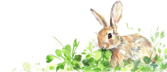 A rabbit is eating grass in a field