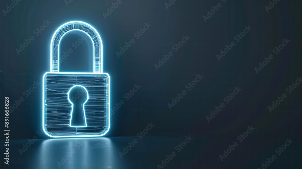 Poster neon wireframe lock with a glowing keyhole, secure access