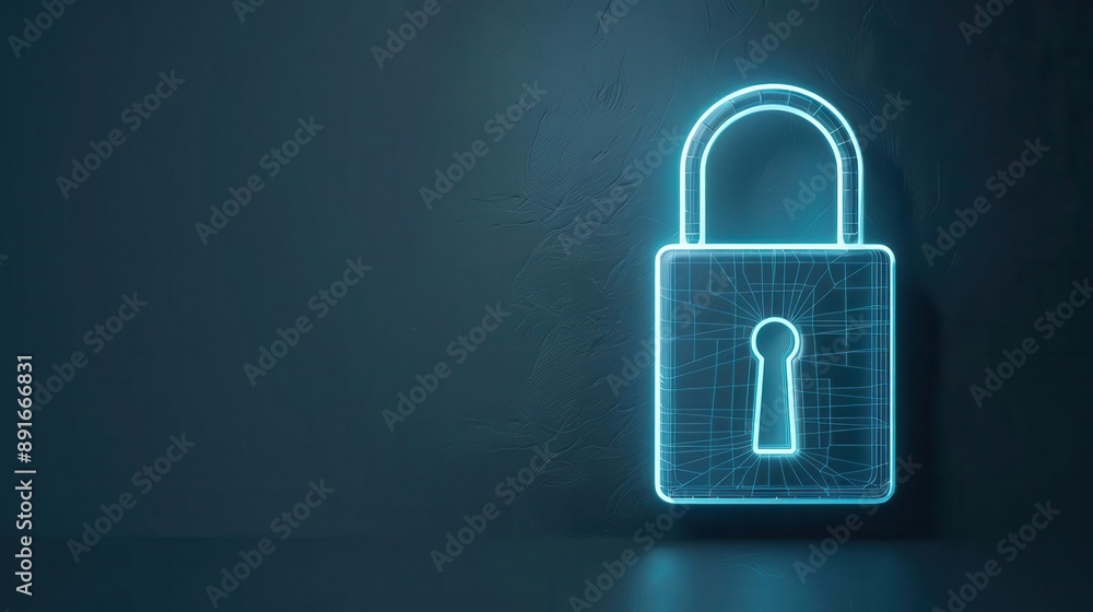 Poster neon wireframe lock with a glowing keyhole, secure access