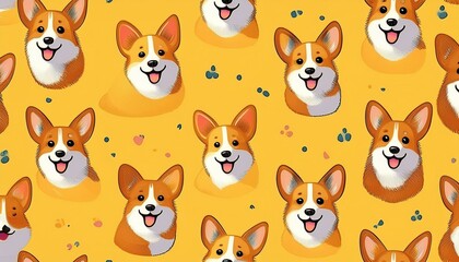 Corgi dog pattern with playful and cheerful corgi faces on a yellow background. Seamless tile design ideal for kids products, textiles, and wallpapers. Features happy corgi expressions.