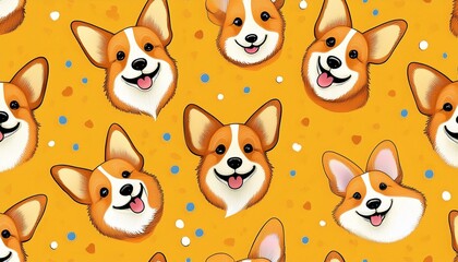 Fototapeta premium Corgi dog pattern with playful and cheerful corgi faces on a yellow background. Seamless tile design ideal for kids products, textiles, and wallpapers. Features happy corgi expressions.