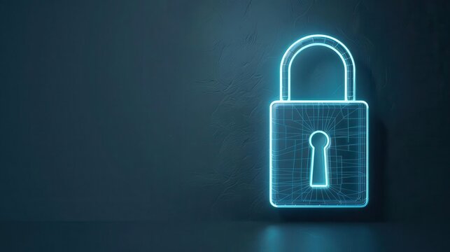 Neon wireframe lock with a glowing keyhole, secure access