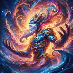 A vibrant, swirling fantasy creature in a dynamic, colorful, and mystical digital painting with intricate patterns