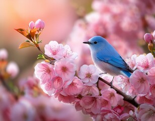 Delicate blue bird sits on slender branch amidst bouquet of soft pink flowers, swaying gently in the breeze., pink, bird, flowers, nature