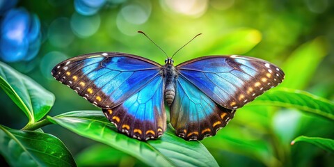 Morpho butterfly with blue and yellow markings perched on a green leaf, with blurred bokeh background, Morpho, butterfly