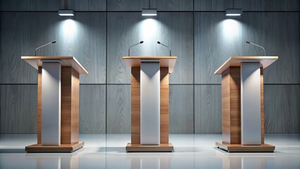 Sleek rendered podium for conferences, shown in multiple views , conference, podium,render, sleek, simple, modern, stage