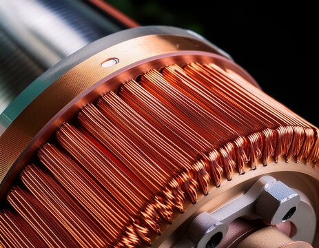 High-quality image of the copper commutator bar and electric motor rotor close-up detail., electrical, copper, rotor, close-up