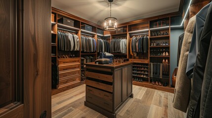 A transitional walk-in closet with custom cabinetry