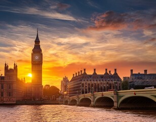 Naklejka premium Sunset over the City of London with Big Ben Tower standing tall, uk, big ben, clouds, london