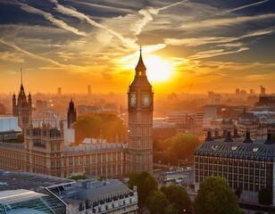 Sunset over the City of London with Big Ben Tower standing tall, uk, big ben, clouds, london