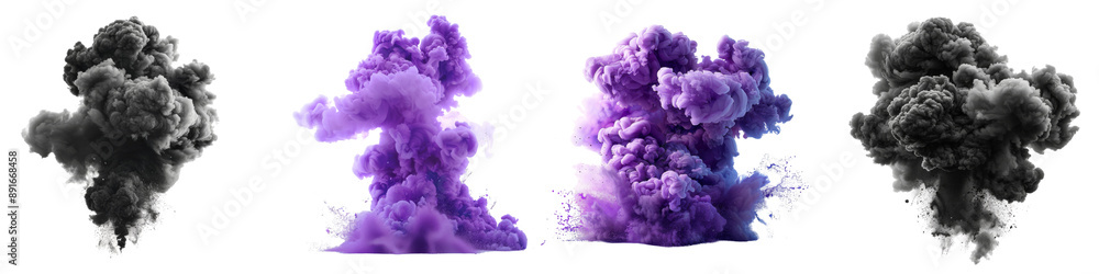 Wall mural Collection of colorful smokes explosions and blast isolated on transparent or white background