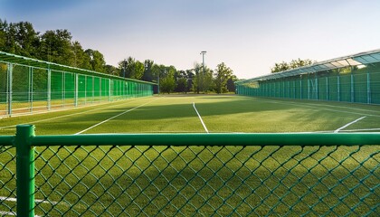 Fototapeta premium The metal fence is green, against the background of a sports field.