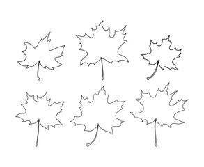 Set of maple tree leaves outline without veins. Autumn, fall. Maple tree leaf line art.