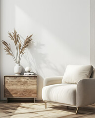 Minimalist living room interiors in war colors with elegant furniture and a large window casting lighting. Contemporary Real Estate interiors composition with copy space.